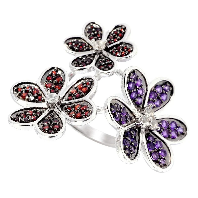 Amethyst Gemstone Rings in Sterling Silver with a Halo of Cubic Zirconia for a Budget - Friendly LuxurySterling Silver Garnet, White Zircon and Amethyst Three Flower Ring