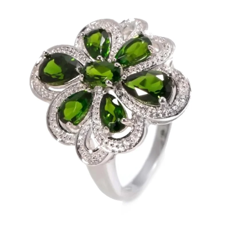 Jasper Gemstone Rings in 18K Gold Vermeil with a Matte Finish for a Subtle and Elegant Look925 Sterling Silver Chrome Diopside and Diamond Gemstone Flower Ring