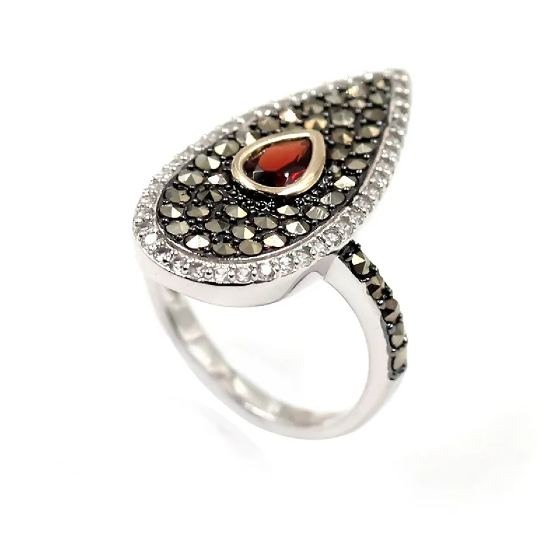 Emerald Gemstone Rings Set in Platinum with Filigree Work for a Vintage - Inspired Look14k Gold and Sterling Silver Red Garnet and Marcasite Ring