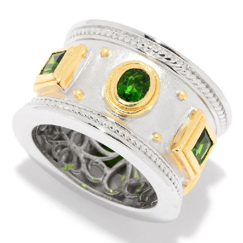 Agate Gemstone Rings in Sterling Silver with a Mosaic - Inspired Inlay for a Bohemian StyleSterling Silver Two-tone Chrome Diopside Etruscan Wide Band Ring