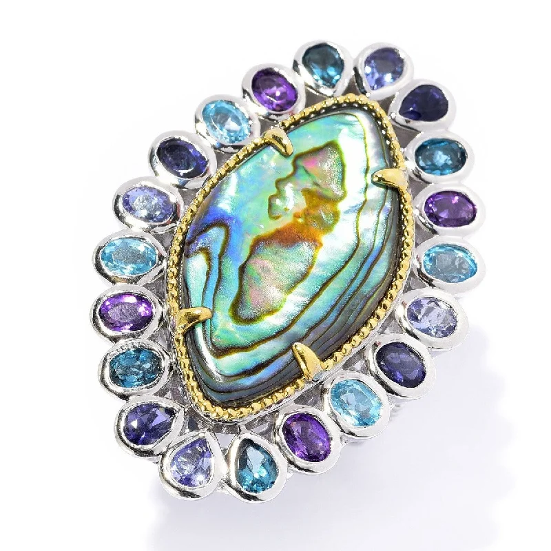 Tourmaline Gemstone Rings in 18K Two - Tone Gold with a Floral - Shaped Setting for a Feminine TouchDallas Prince Designs 26 x 14.5mm Abalone & Multi Gemstone Elongated Ring.