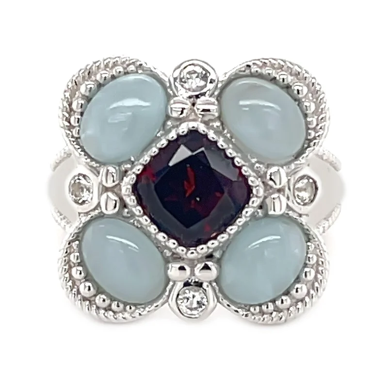 Garnet Gemstone Rings in 18K Gold Vermeil with Intricate Engravings for a Traditional Aesthetic925 Sterling Silver Milky Aquamarine,Red Garnet,White Topaz Ring