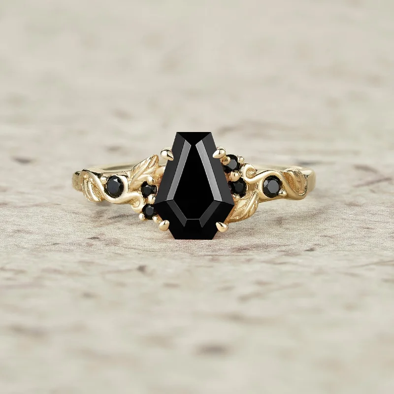 Men's Peridot Engagement Rings in 14K Gold - Filled Metal with a Micro - Pave SettingNature's Embrace: Coffin Cut Black Onyx Leaf Ring - Lila