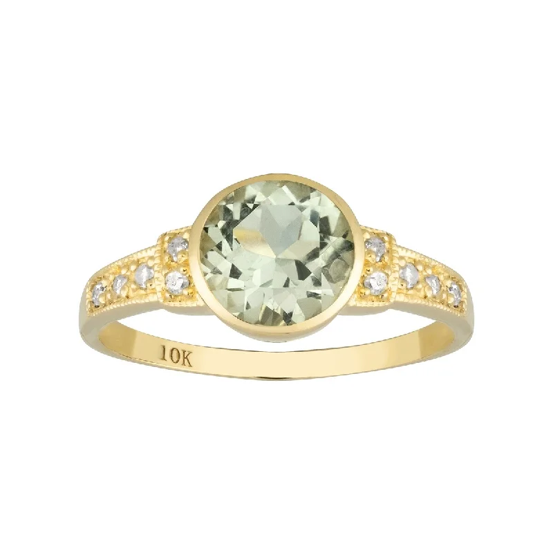 Peridot Gemstone Rings in 14K Gold - Filled Metal with a Pave - Set Band for a Sparkling LookViducci 10k Yellow Gold Vintage Style Genuine Round Green Amethyst and Diamond Ring