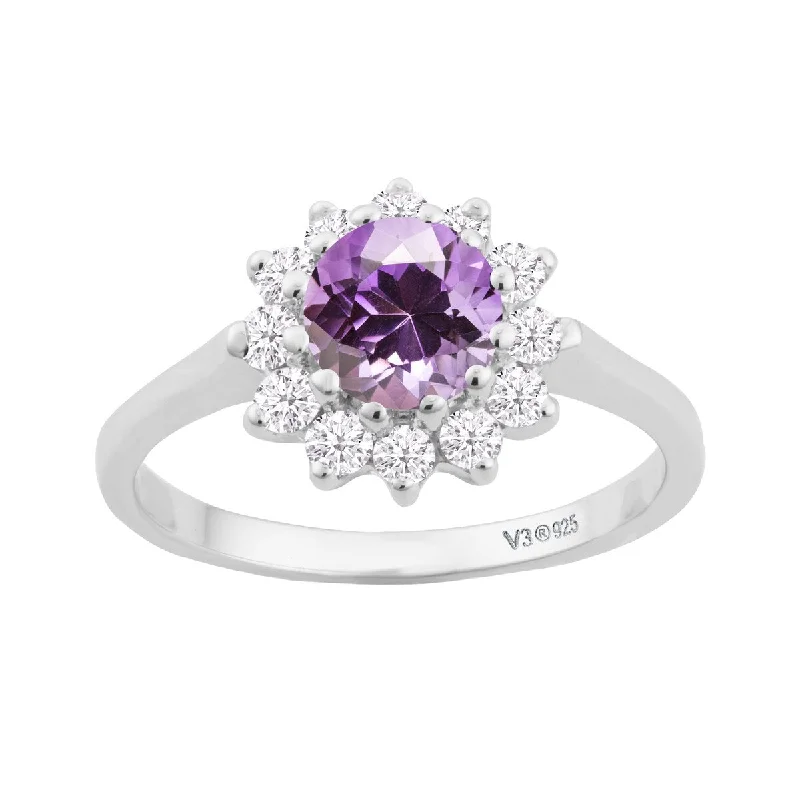 Amethyst Gemstone Rings in Sterling Silver with a Halo of Cubic Zirconia for a Budget - Friendly LuxurySterling Silver with Natural Amethyst and White Topaz Halo Ring