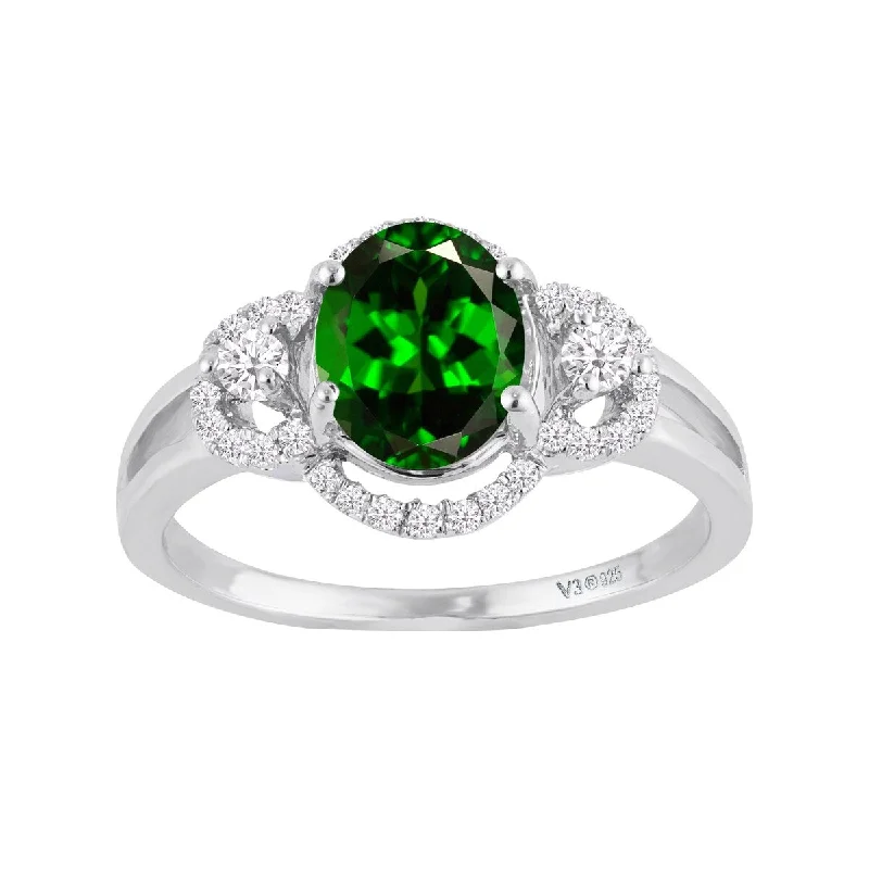 Agate Gemstone Rings in Sterling Silver with a Mosaic - Inspired Inlay for a Bohemian StyleSterling Silver with Natural Chrome Diopside & White Zircon Halo Ring