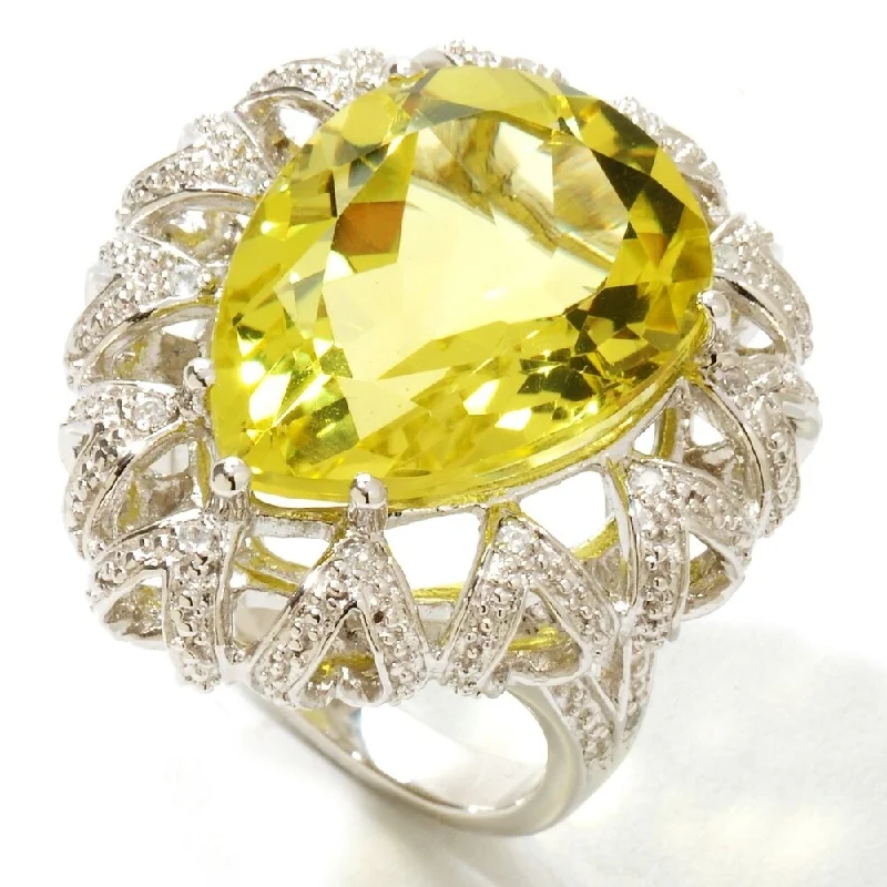 Emerald Gemstone Rings Set in Platinum with Filigree Work for a Vintage - Inspired LookPlatinum O/ Silver 12.94Ctw Lemon Quartz & White Zircon Cocktail Ring