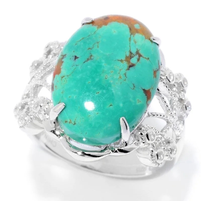 Turquoise Gemstone Rings in 925 Silver with a Southwestern - Inspired Design for a Rustic CharmSterling Silver 17 x 12mm Oval Tyrone Turquoise & White Zircon Ring