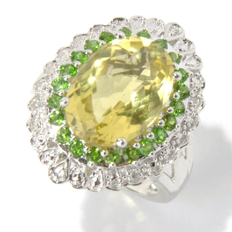 Emerald Gemstone Rings Set in Platinum with Filigree Work for a Vintage - Inspired Look925 Sterling Silver Chrome Diopside,White Natural Zircon,Lemon Quartz Ring