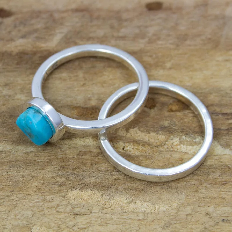 Moonstone Gemstone Rings in Silver - Plated Copper with a Celtic - Inspired Pattern for a Mystical VibeHandmade Set of 2 Sterling Silver 'Sky Glow' Turquoise Stacking Rings (Mexico)