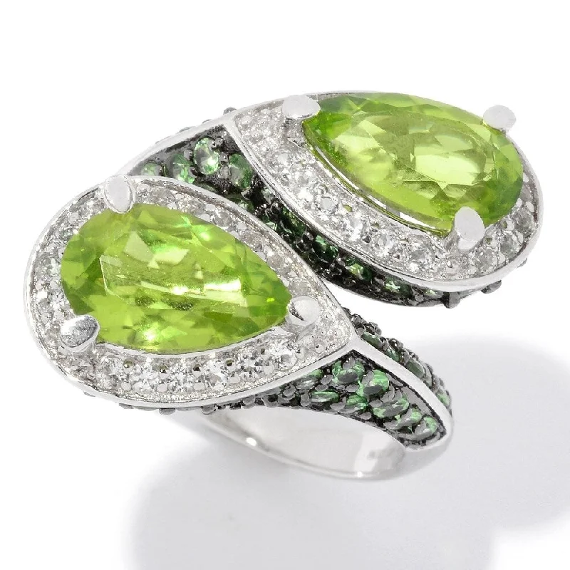 Emerald Gemstone Rings Set in Platinum with Filigree Work for a Vintage - Inspired LookSterling Silver 7.88ctw Peridot & Multi Gem Bypass Ring