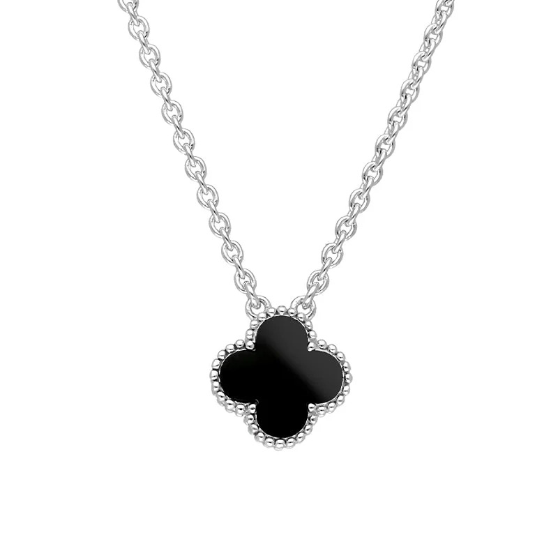 chain necklaces for groomsmen18ct White Gold Whitby Jet Bloom Small Four Leaf Clover Ball Edge Chain Necklace