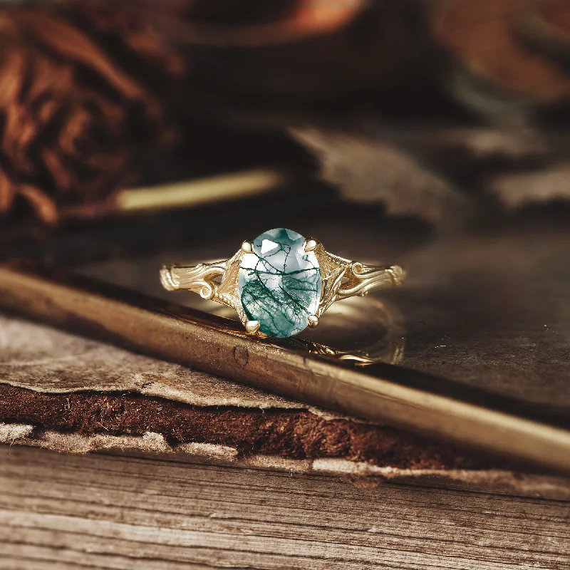 Men's Opal Engagement Rings in 10K Gold with a Milgrain - Trimmed BandOval Cut Moss Agate Leaf and Filigree Ring - Isla