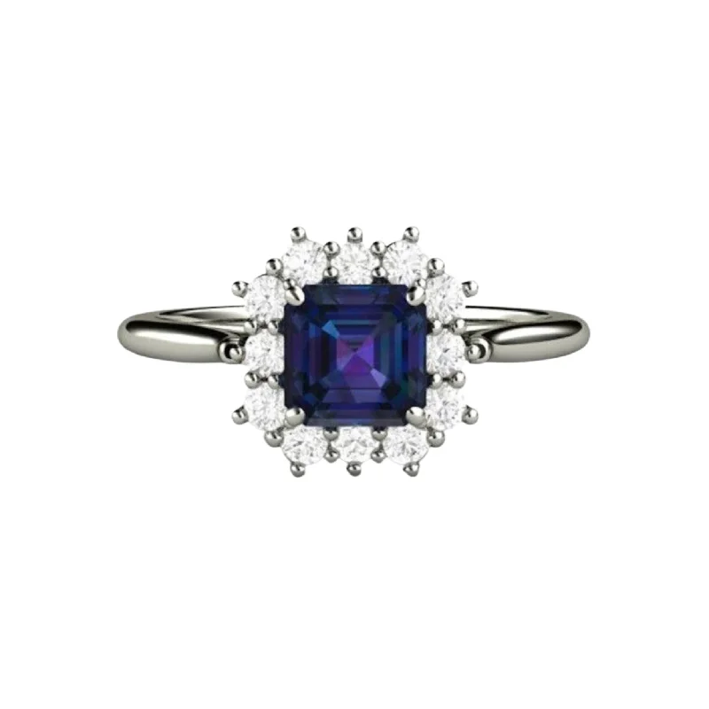 Men's Amethyst Engagement Rings in Sterling Silver with a Contemporary Geometric SettingAsscher Cut Alexandrite Engagement Ring | Vintage-Inspired Cluster Halo | Color Change June Birthstone