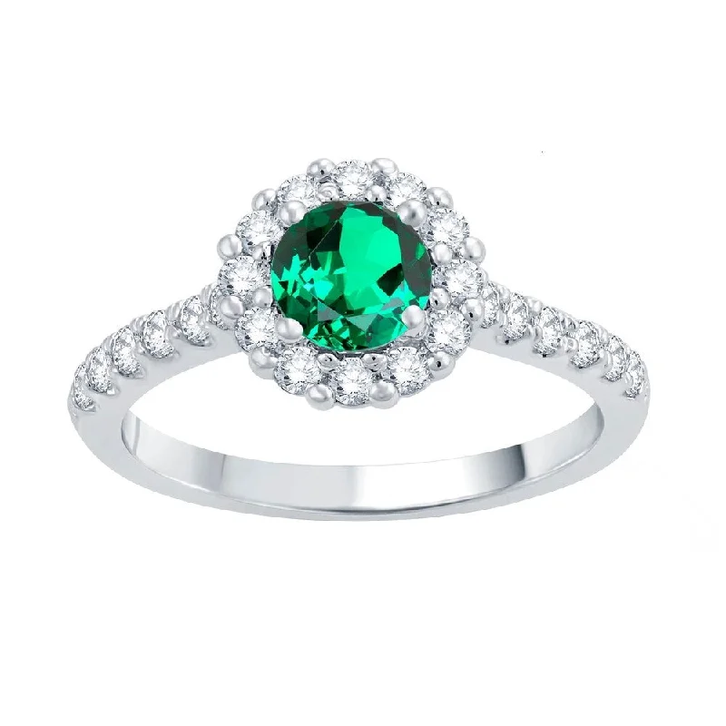 Emerald Gemstone Rings Set in Platinum with Filigree Work for a Vintage - Inspired LookSterling Silver with Green Emerald and Natural White Topaz Halo Ring