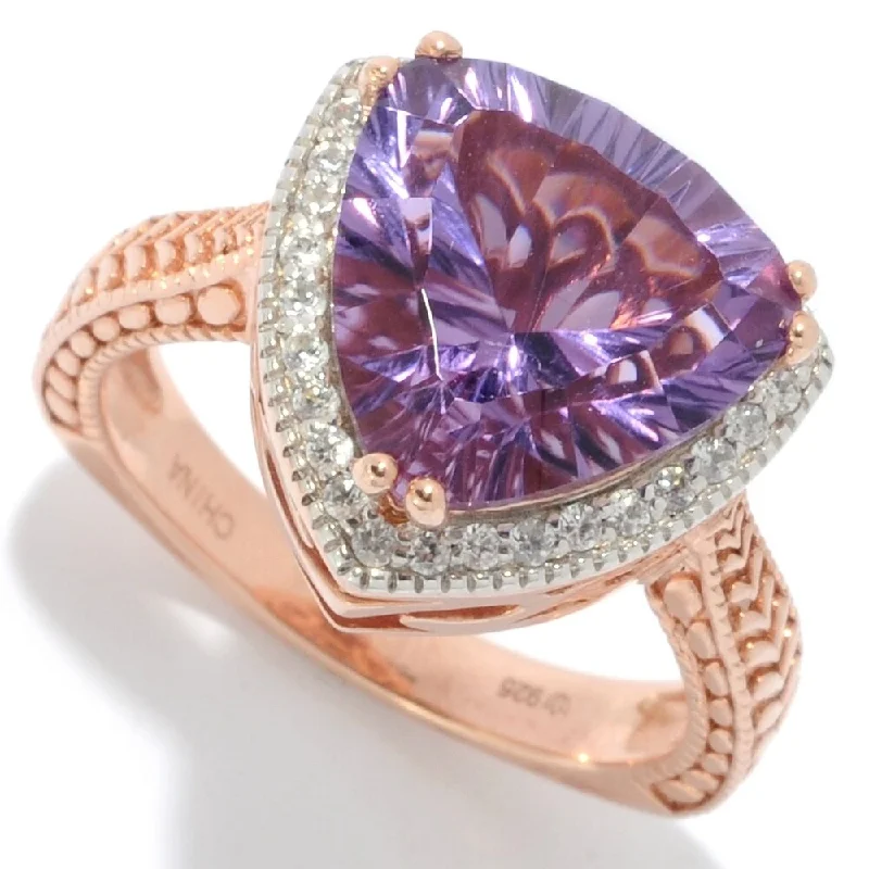 Emerald Gemstone Rings Set in Platinum with Filigree Work for a Vintage - Inspired LookTrillion Shaped Pink Amethyst & White Zircon Halo Ring