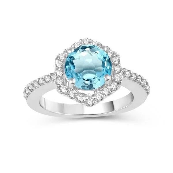 Sapphire Gemstone Rings in 18K White Gold with Diamond Accents for an Elegant EngagementSterling Silver with Sky Blue Topaz and White Topaz Hexagon Halo Ring