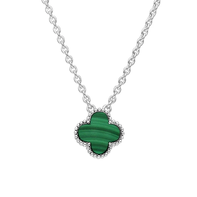 chain necklaces for bridesmaids18ct White Gold Malachite Bloom Small Four Leaf Clover Ball Edge Chain Necklace