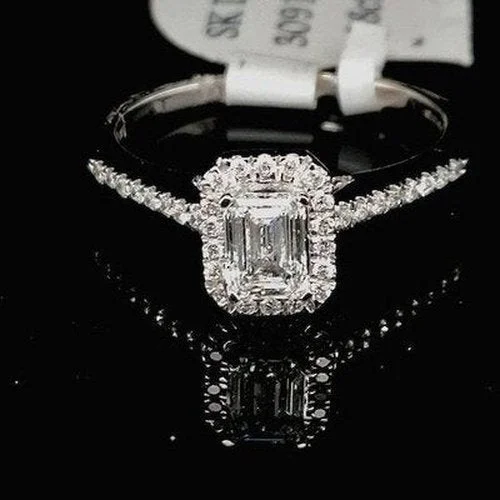 Men's Aquamarine Engagement Rings in 9K Gold with a Bezel - Set StoneEmerald Cut Halo Style Ring With Diamond Set Shoulders