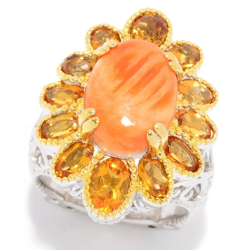 Garnet Gemstone Rings in 18K Gold Vermeil with Intricate Engravings for a Traditional AestheticDallas Prince 14 x 10mm Oval Spiny Oyster & Sunset Citrine Flower Ring