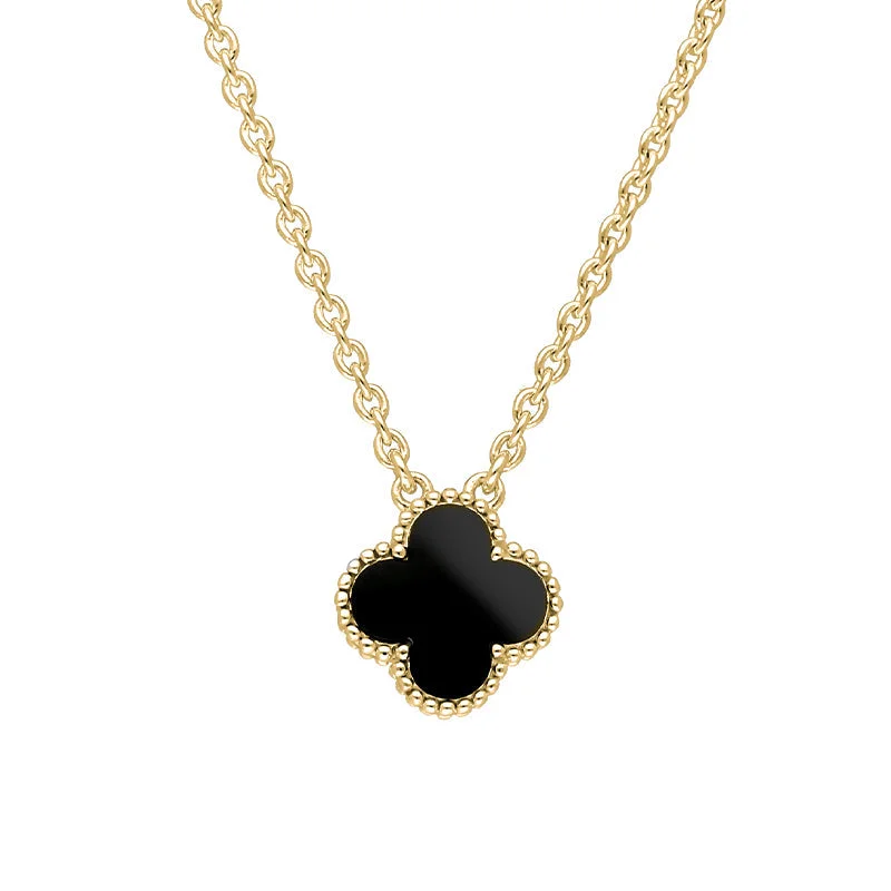 Figaro chain necklaces features18ct Yellow Gold Whitby Jet Bloom Small Four Leaf Clover Ball Edge Chain Necklace