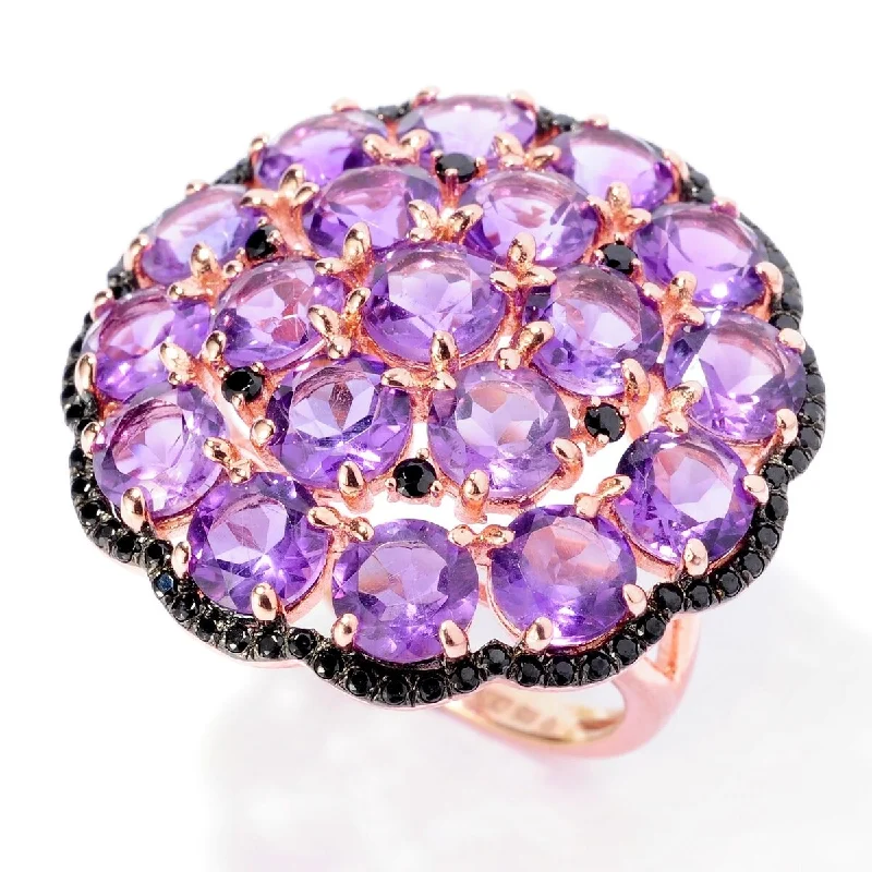 Amethyst Gemstone Rings in Sterling Silver with a Halo of Cubic Zirconia for a Budget - Friendly Luxury18K Rose Vermeil 9.26Ctw Amethyst & Black Spinel Cluster Cocktail Ring