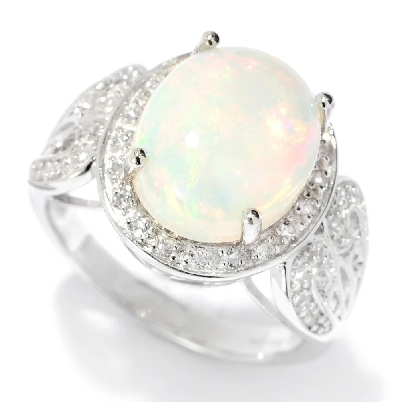 Opal Gemstone Rings in Rose Gold with a Milgrain Edge for a Feminine and Romantic StyleSterling Silver 12 x 10mm Oval Ethiopian Opal & White Topaz Ring