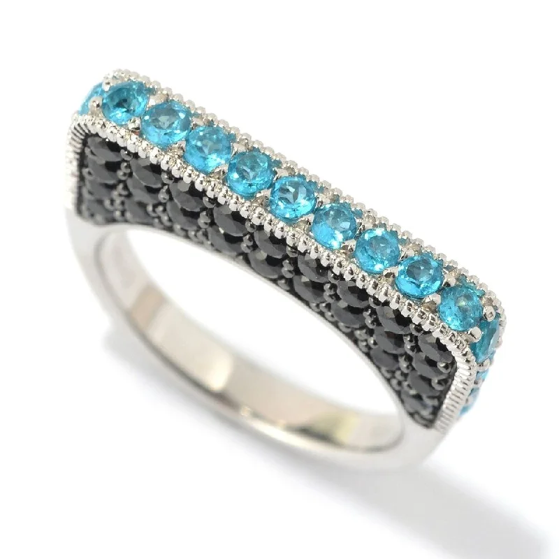 Sapphire Gemstone Rings in 18K White Gold with Diamond Accents for an Elegant EngagementSS/ 2.7ctw Neon Apatite & Black Spinel Flat Top Stack Band Ring