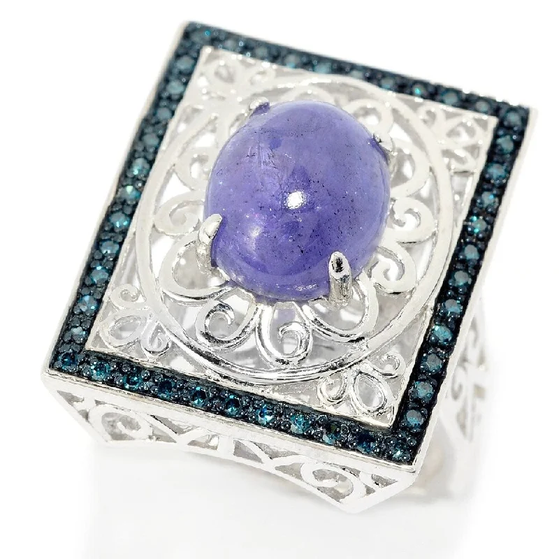 Amethyst Gemstone Rings in Sterling Silver with a Halo of Cubic Zirconia for a Budget - Friendly LuxurySterling Silver 11 x 9mm Tanzanite & Blue Diamond Filigree Ring