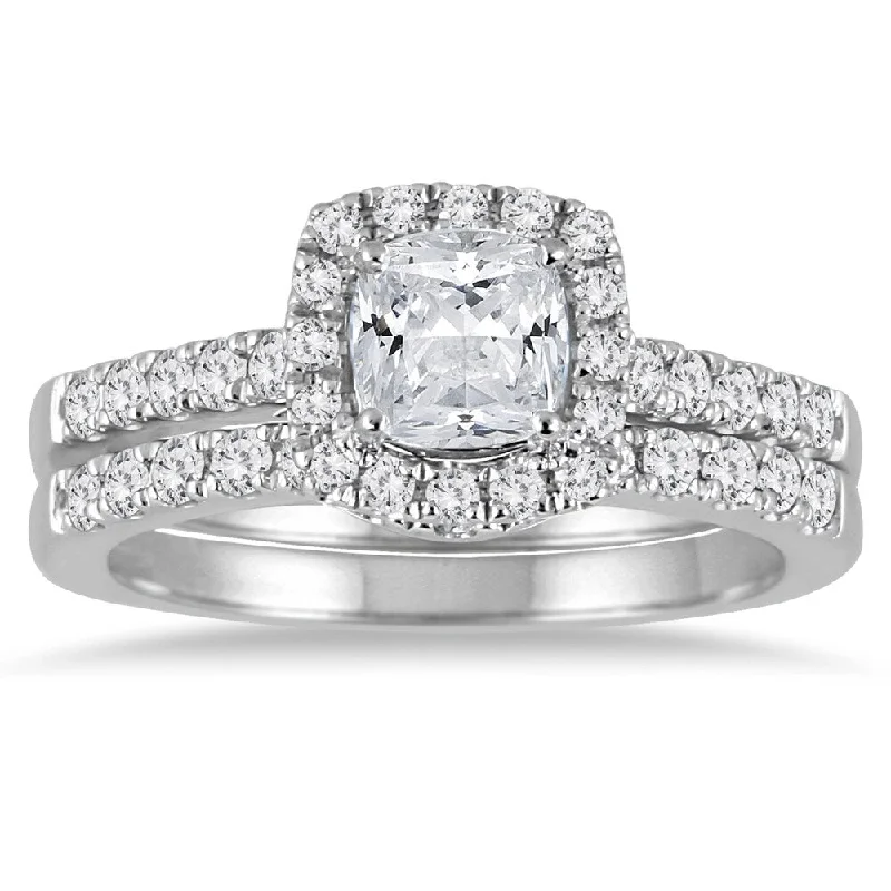 1 1/2 Carat Cushion Cut Diamond Halo Bridal Set in 14K White Gold