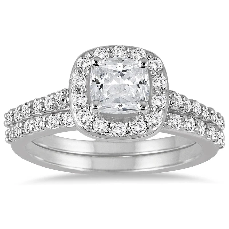 1 1/2 Carat Cushion Cut Diamond Halo Bridal Set in 14K White Gold