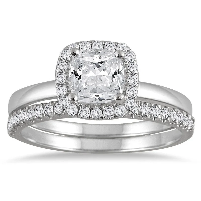 1 1/4 Carat Cushion Cut Diamond Halo Bridal Set in 14K White Gold