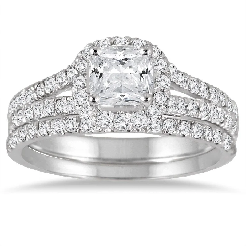 1 3/4 Carat Cushion Cut Diamond Bridal Set in 14K White Gold