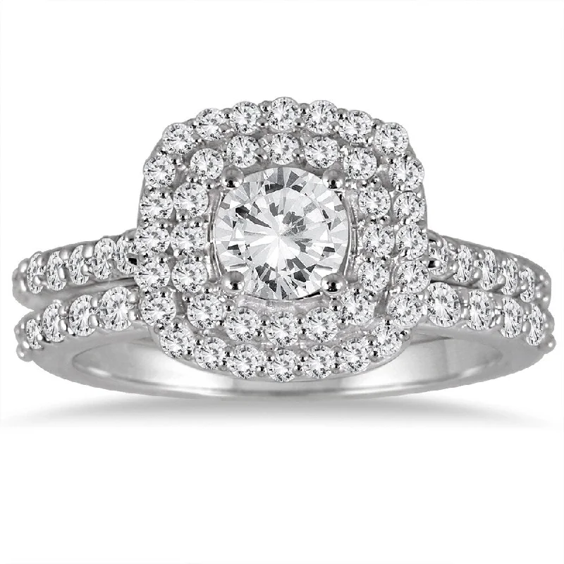 1 3/5 Carat TW Diamond Halo Bridal Set in 14K White Gold