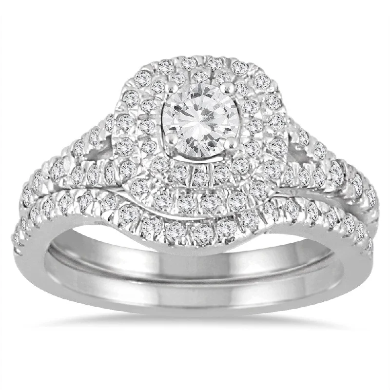 1 Carat TW Diamond Halo Bridal Set in 14K White Gold