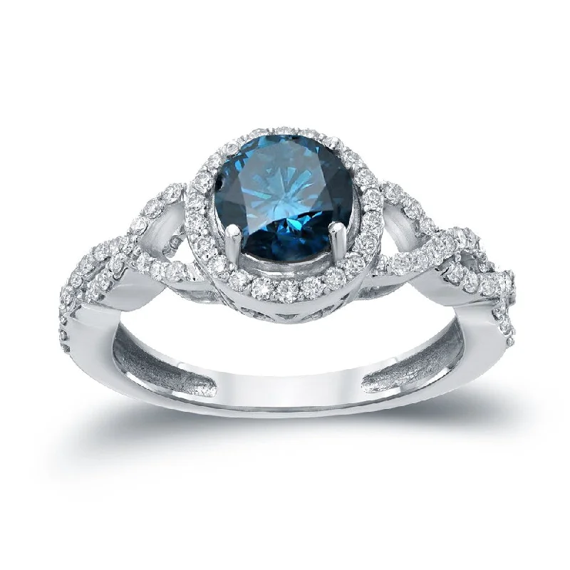 14k Gold 1 3/8ct TDW Blue Round Diamond Halo Engagement Ring by Auriya