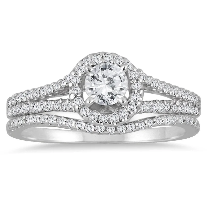 7/8 Carat TW Diamond Halo Bridal Set in 10K White Gold