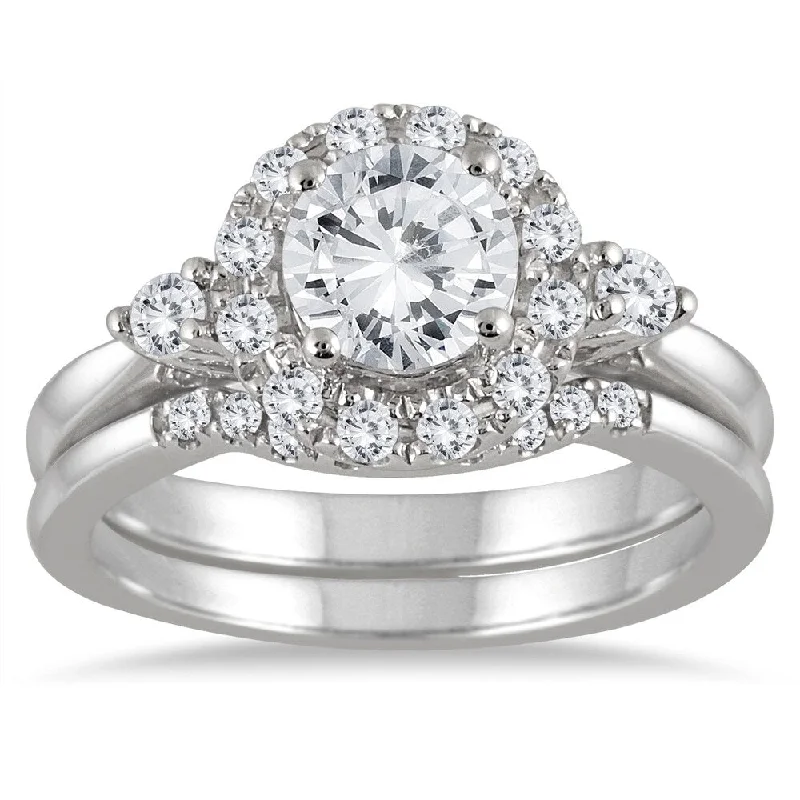 AGS Certified 1 1/2 Carat TW Halo Diamond Halo Bridal Set in 14K White Gold (J-K Color, I2-I3 Clarity)