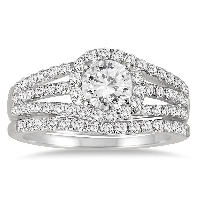 AGS Certified 1 1/2 Carat TW Halo Twist Diamond Bridal Set in 14K White Gold (J-K Color, I2-I3 Clarity)