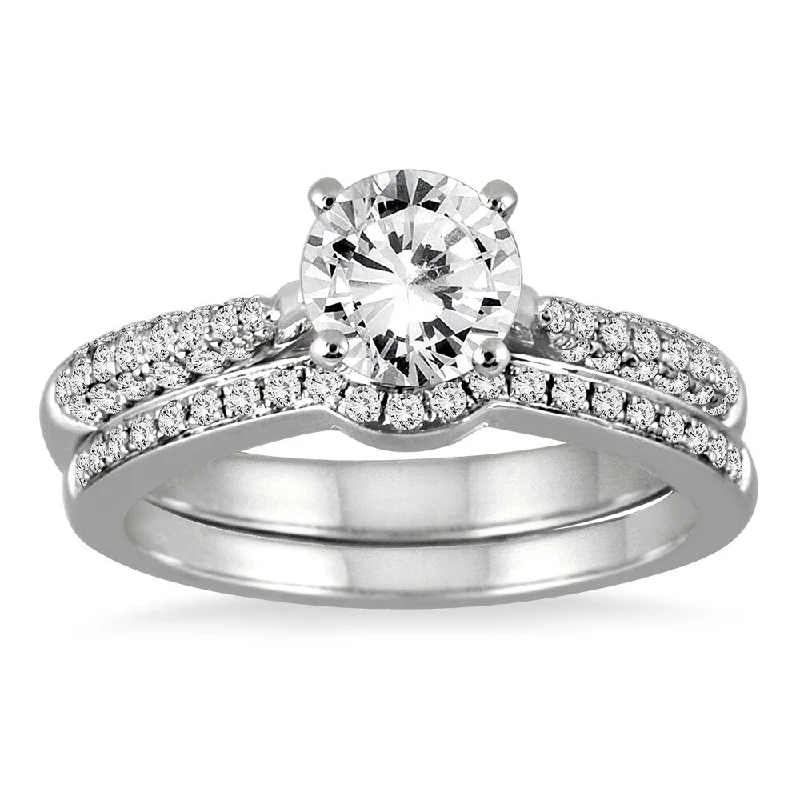 AGS Certified 1 1/2 Carat TW Pave Diamond Bridal Set in 14K White Gold (J-K Color, I2-I3 Clarity)