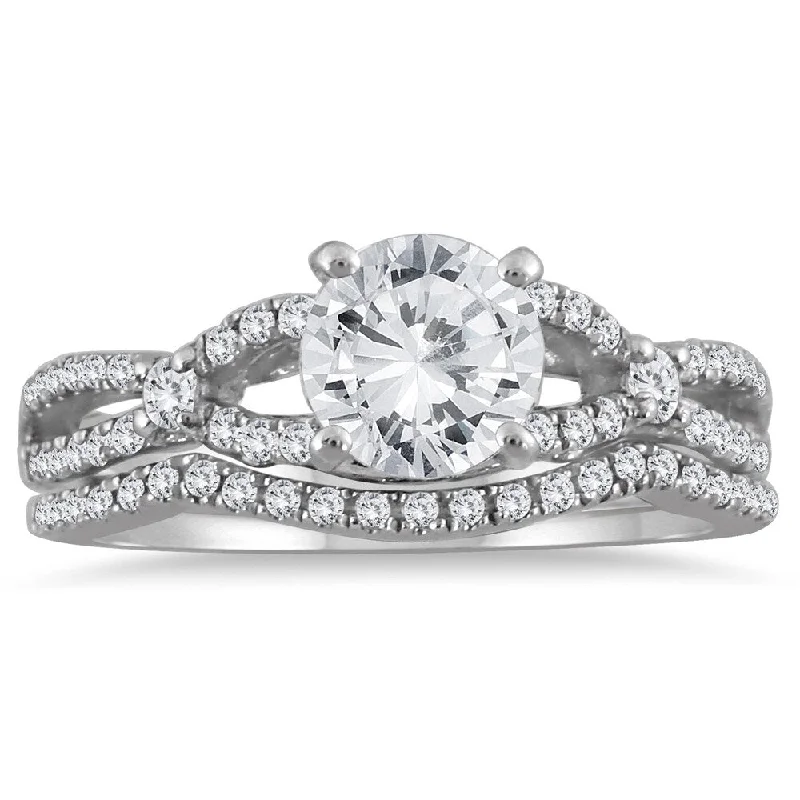 AGS Certified 1 1/3 Carat TW Diamond Bridal Set with Stones in 14K White Gold (J-K Color, I2-I3 Clarity)