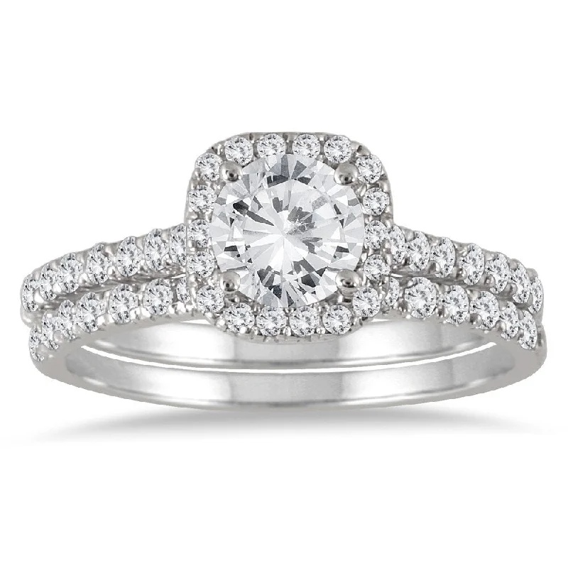 AGS Certified 1 1/3 Carat TW Round Diamond Halo Bridal Set in 14K White Gold (J-K color, I2-I3 Clarity)