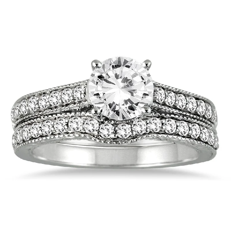 AGS Certified 1 1/4 Carat TW Diamond Antique Bridal Set in 14K White Gold (J-K Color, I2-I3 Clarity)