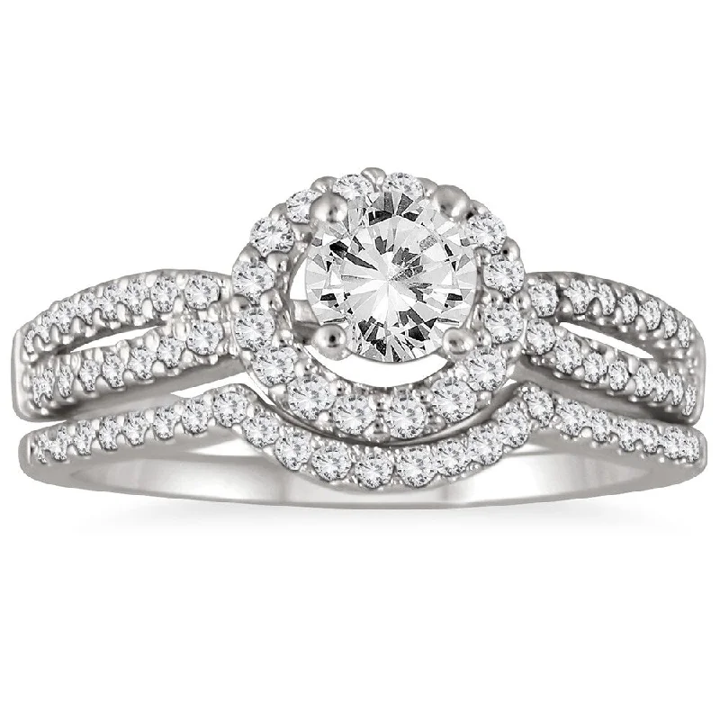 AGS Certified 1 1/5 Carat TW Diamond Halo Bridal Set in 14K White Gold (J-K Color, I2-I3 Clarity)