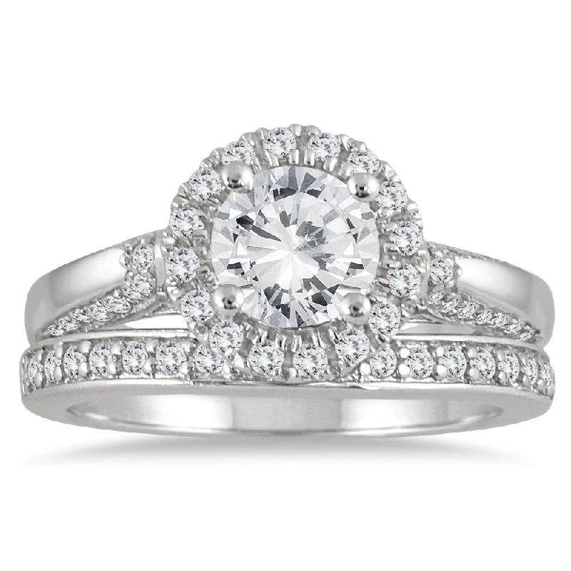 AGS Certified 1 2/3 Carat TW Diamond Halo Bridal Set in 14K White Gold (J-K Color, I2-I3 Clarity)