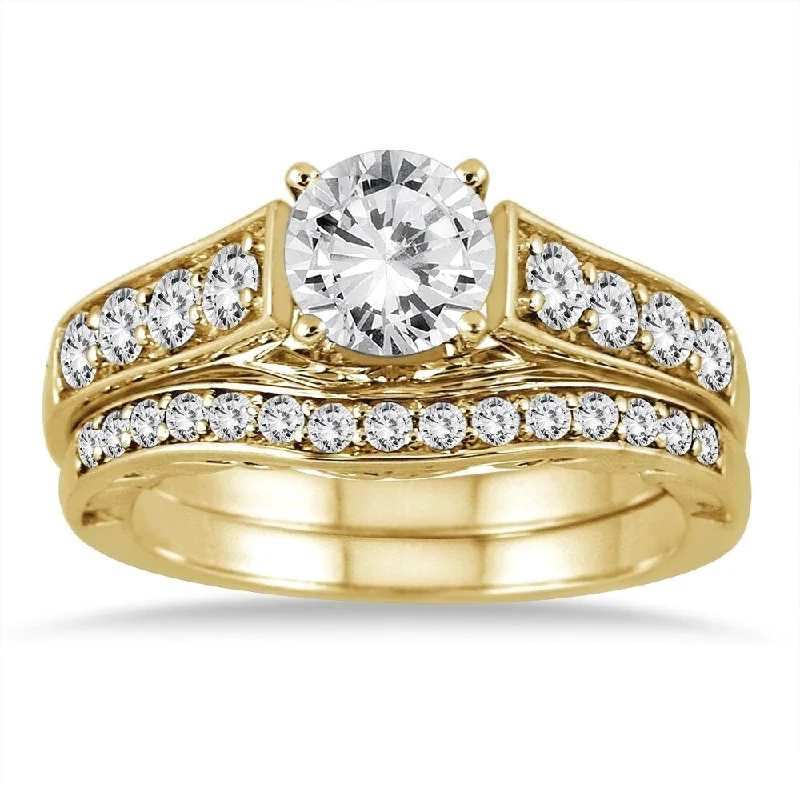 AGS Certified 1 3/4 Carat TW Diamond Antique Bridal Set in 14K Yellow Gold (J-K Color, I2-I3 Clarity)