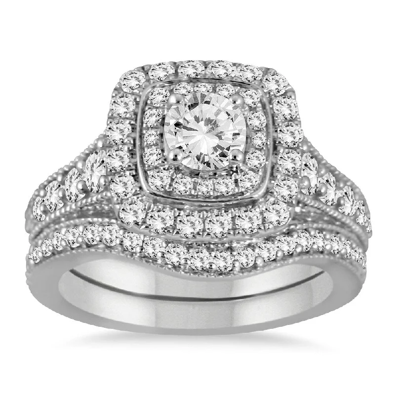 AGS Certified 1 3/8 Carat TW Diamond Halo Bridal Set in 14K White Gold (J-K Color, I2-I3 Clarity)