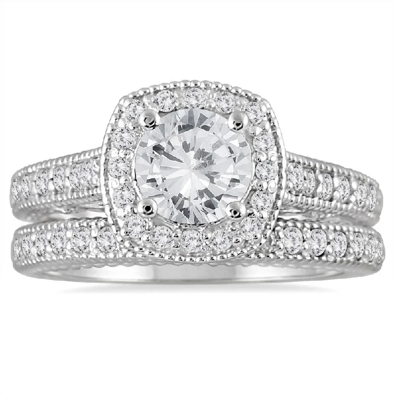 AGS Certified 1 5/8 Carat TW Diamond Halo Bridal Set in 14K White Gold (J-K Color, I2-I3 Clarity)