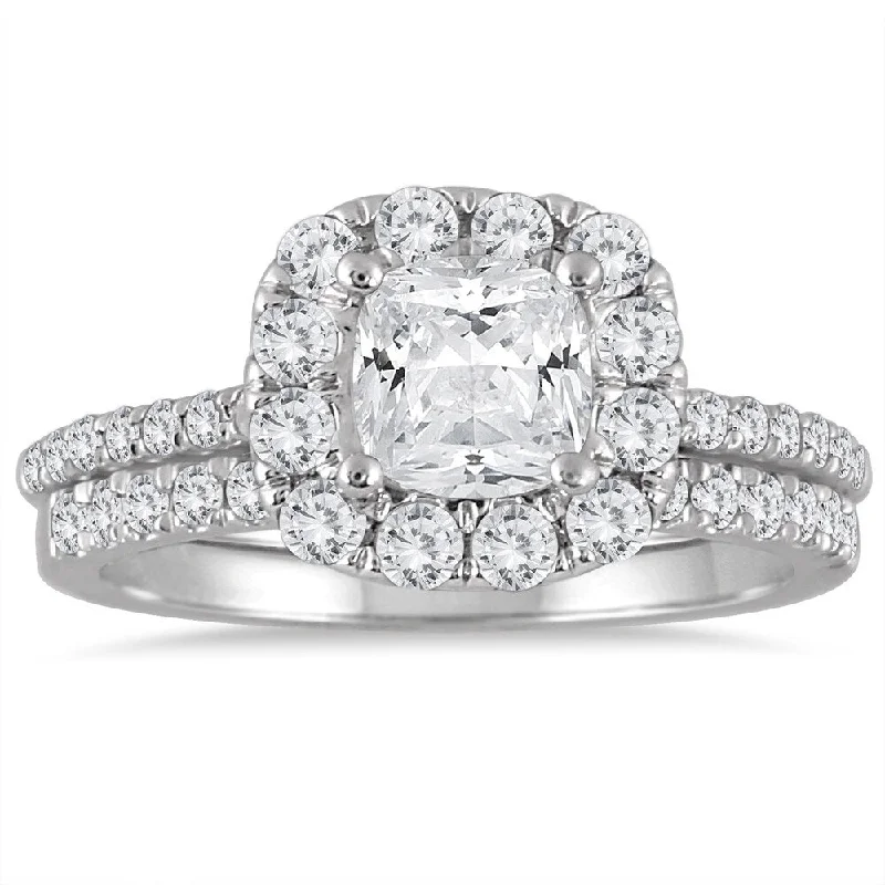 AGS Certified 2 Carat TW Cushion Cut Diamond Halo Bridal Set in 14K White Gold