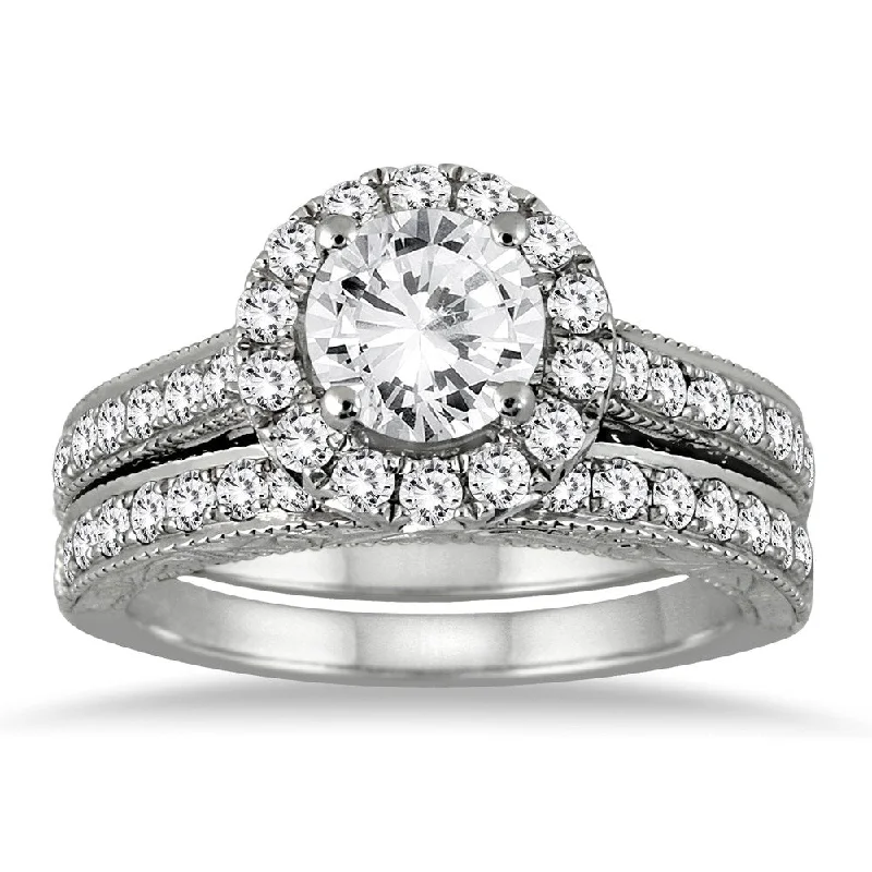 AGS Certified 2 Carat TW Diamond Halo Bridal Set in 14K White Gold (J-K Color, I2-I3 Clarity)